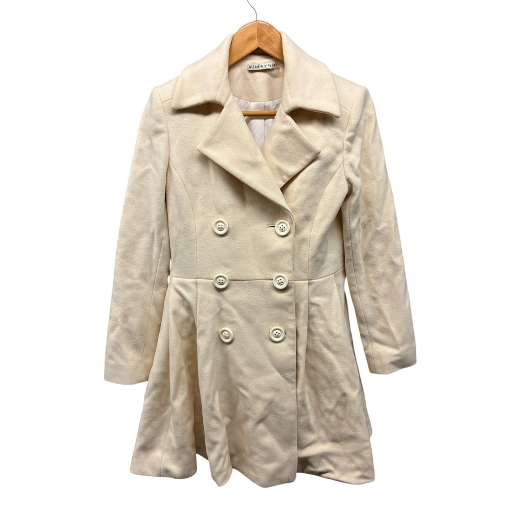 Alice + Olivia Pea Coat Women’s S Ivory White Double Breasted‎ Wool Classic Chic